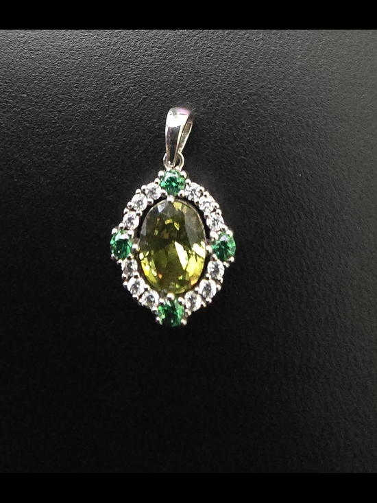 Jewelry - Green Oval CZ Halo Pendant Necklace - Women Jewelry